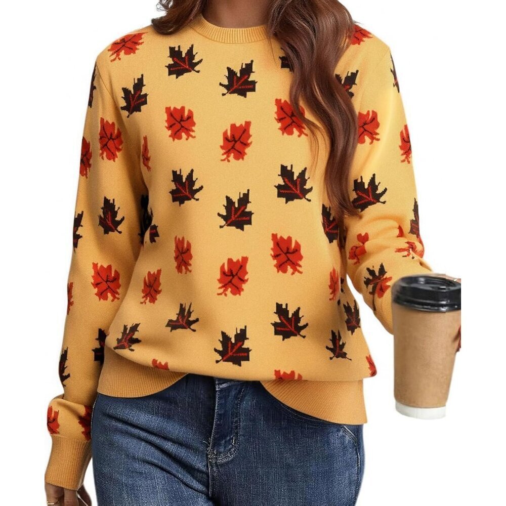 Fall Sweater Women Long Sleeve Crewneck Autumn Leaves Print Casual